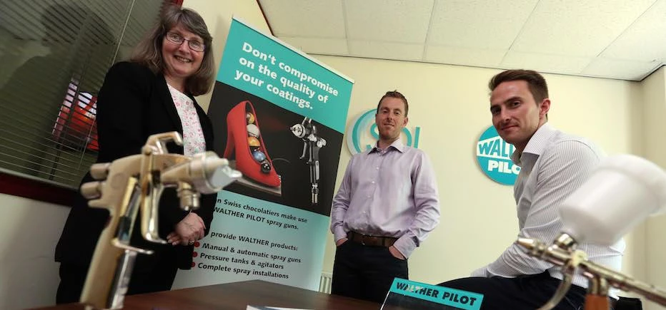 Sue Kirk of UK Steel Enterprise helps Sealpump Engineering Directors Stuart Brown (left) and Stephen