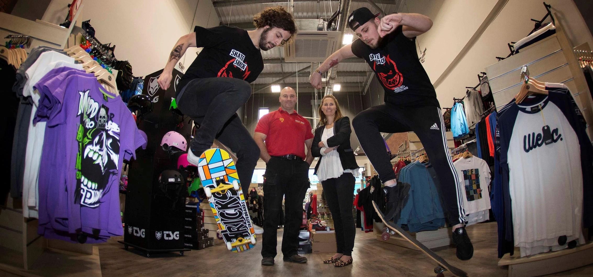 (Centre) Ridley Bros Andrew Ridley and Paula Elliot from Skate Shack.  