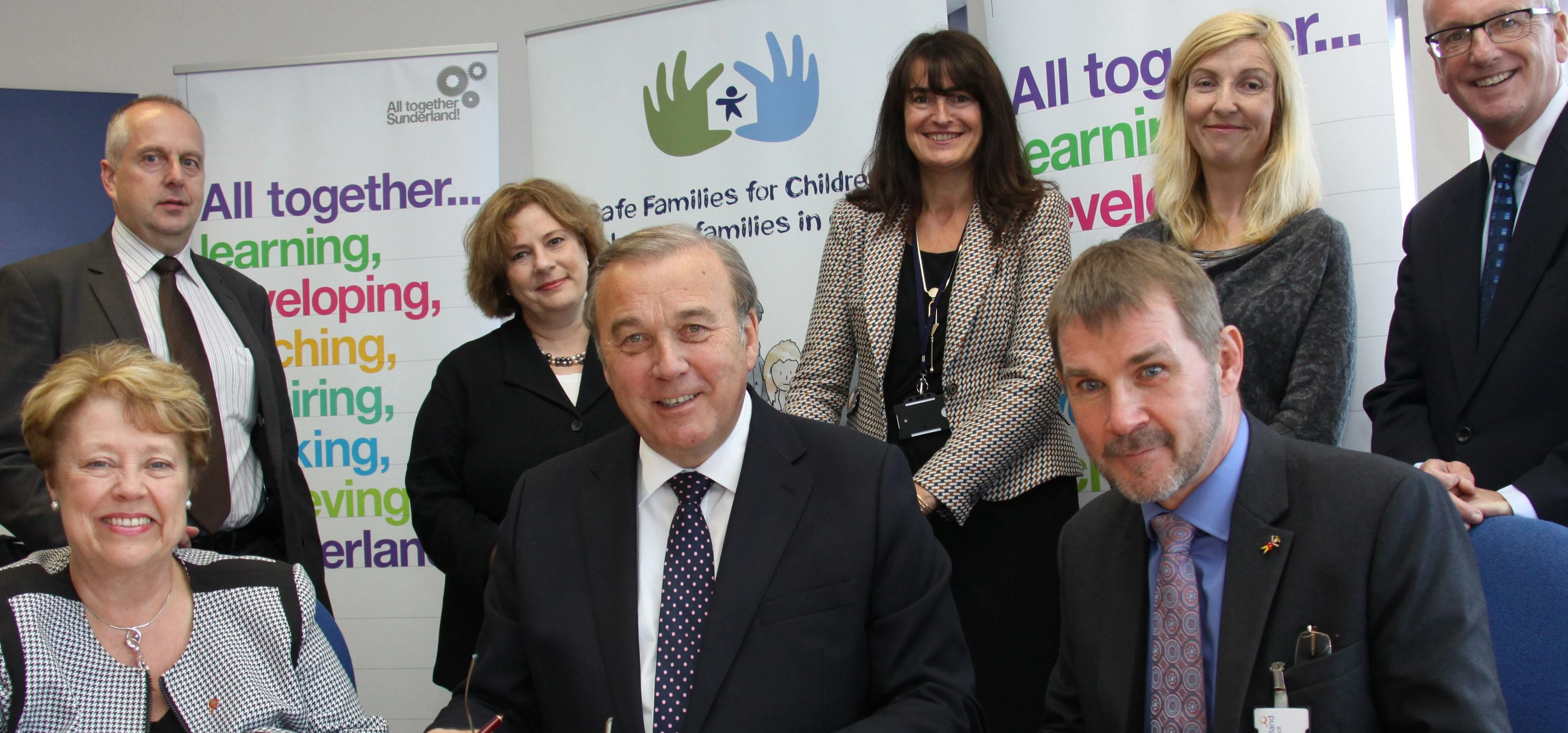 (front row) Councillor Pat Smith, Sunderland's cabinet member for children, Sir Peter Vardy, chairma