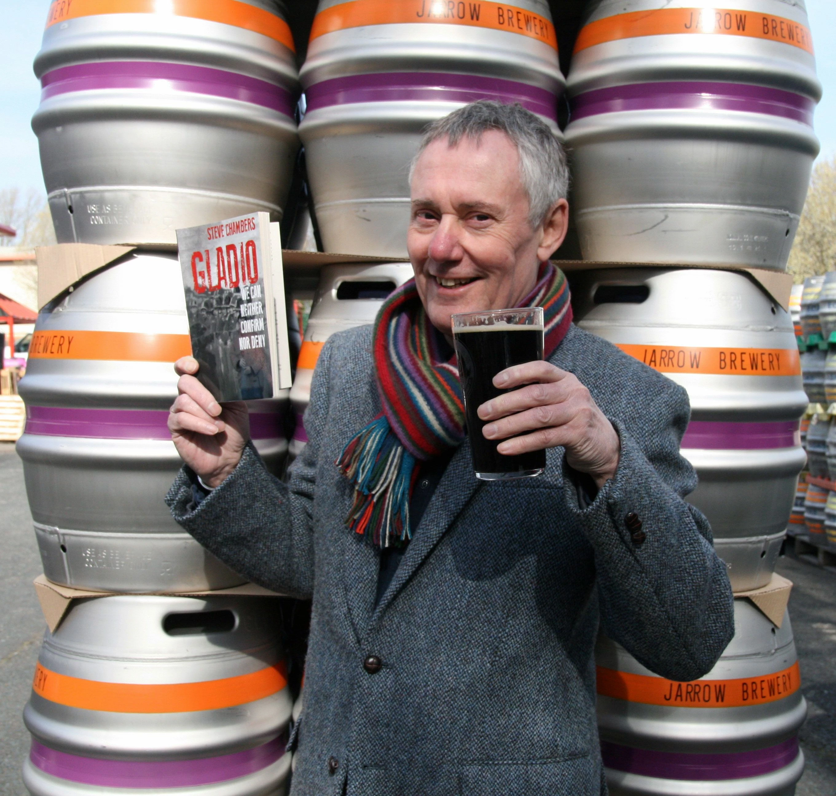 Steve Chambers at Jarrow Brewery with Gladio the book and Gladio the beer