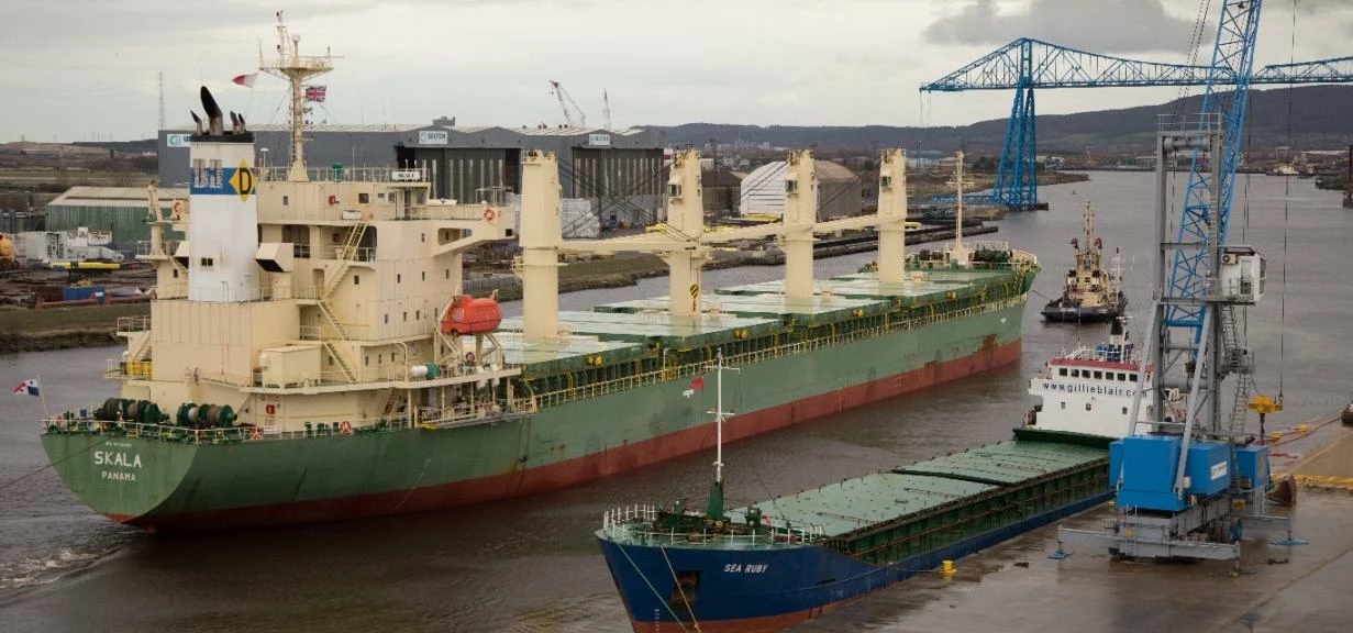 Vessel Skala, the biggest loaded cargo ship to ever sail under Middlesbrough’s Transporter Bridge