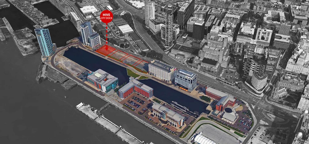 An aerial view of Princes Dock showing the land chosen for YHG's development