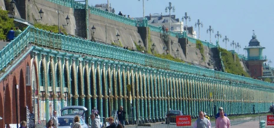 The colonnade and lift at Madeira Drive, Brighton, City of Brighton and Hove, England. Photo: Hassoc