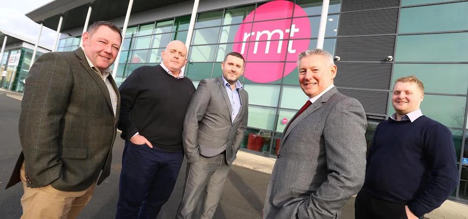 Arrow Comms' founders Simon Ward and Paul Clark, Michael McGee and Mike Pott of RMT, and Arrow's fir