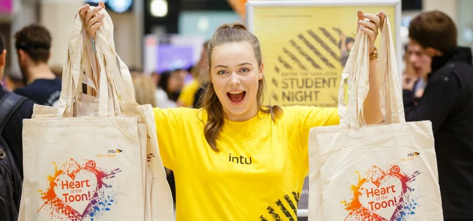 Megan Davey, a student from Blyth, hands out goody bags at intu Eldon Square’s student night