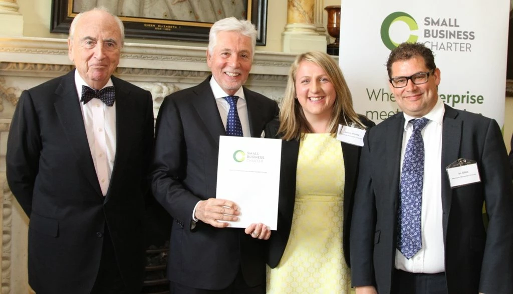 Pictured (l-r) at the Downing Street Award ceremony are: Lord Young and Sir Peter Bonfield, with Jen