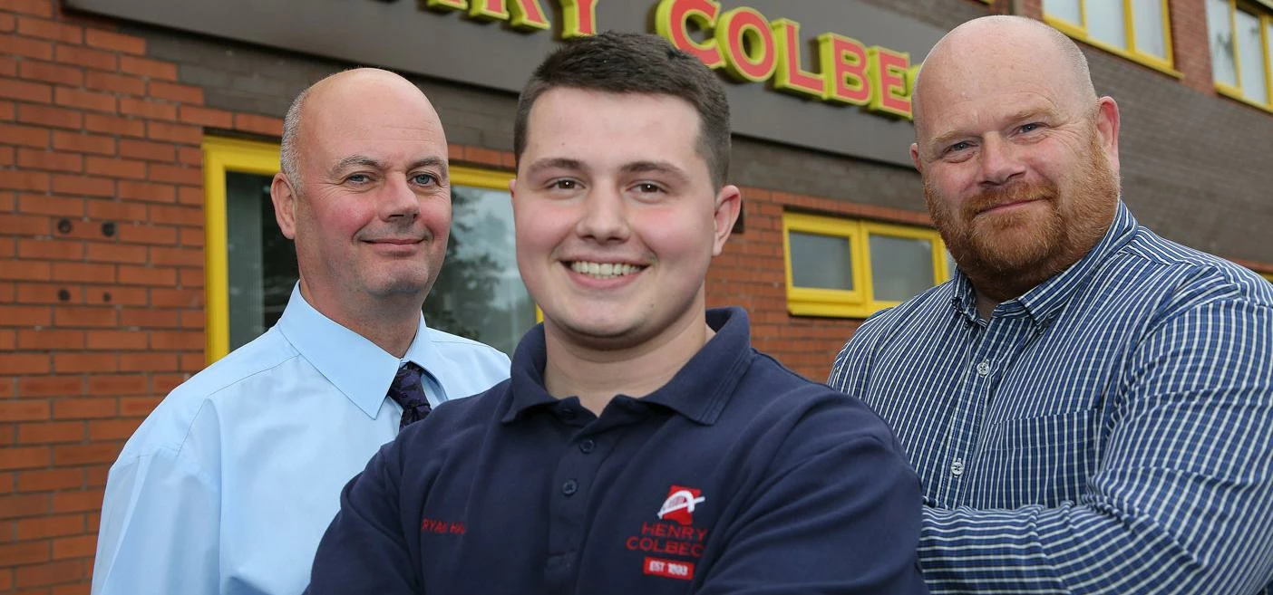 Left to right: Henry Colbeck's Graham Lee and former apprentice Ryan Hall, and Ingeus training advis