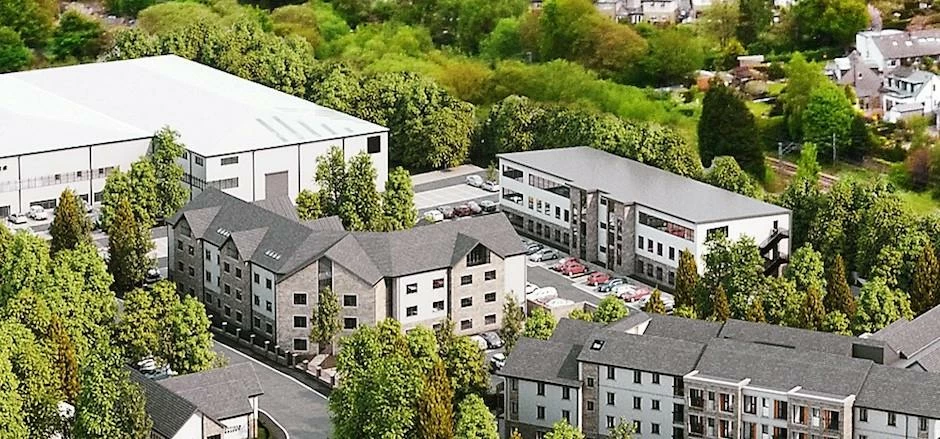 CGI depicting the L-shaped care home in the middle and the offices to the right of it.