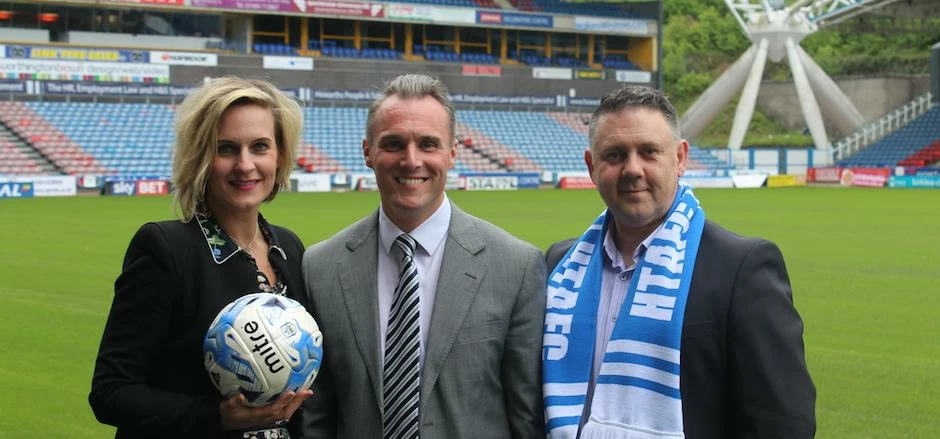 Sarah Callender, managing director at Bdaily; John Williams, Huddersfield Town commercial manager – 