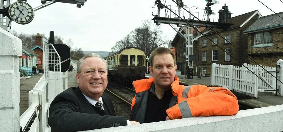Kelvin Whitwell (right) with Tony Abbott at North Yorkshire Moors Railway’s Grosmont station