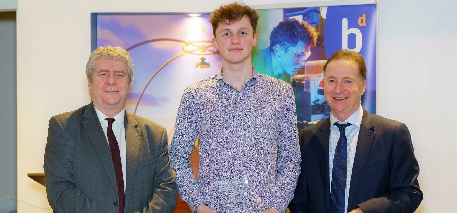 From left to right; Nigel Bleackley, College Governor, Lukas Allsworth and John Clarke, Principal