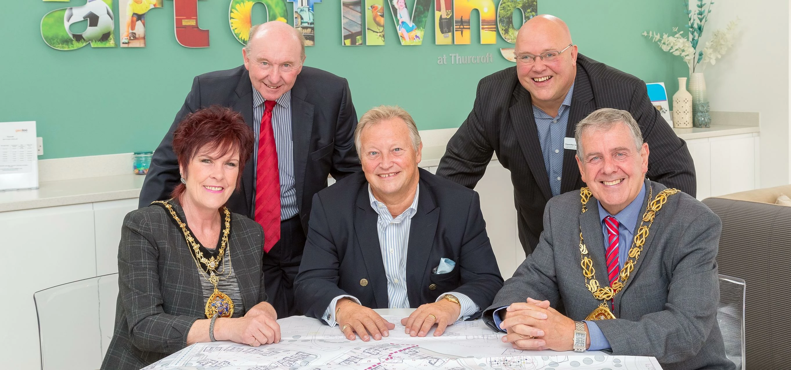 Looking over the plans at Thurcroft, Doxford Park sales suite – Front L-R Carol Curran, The Mayoress