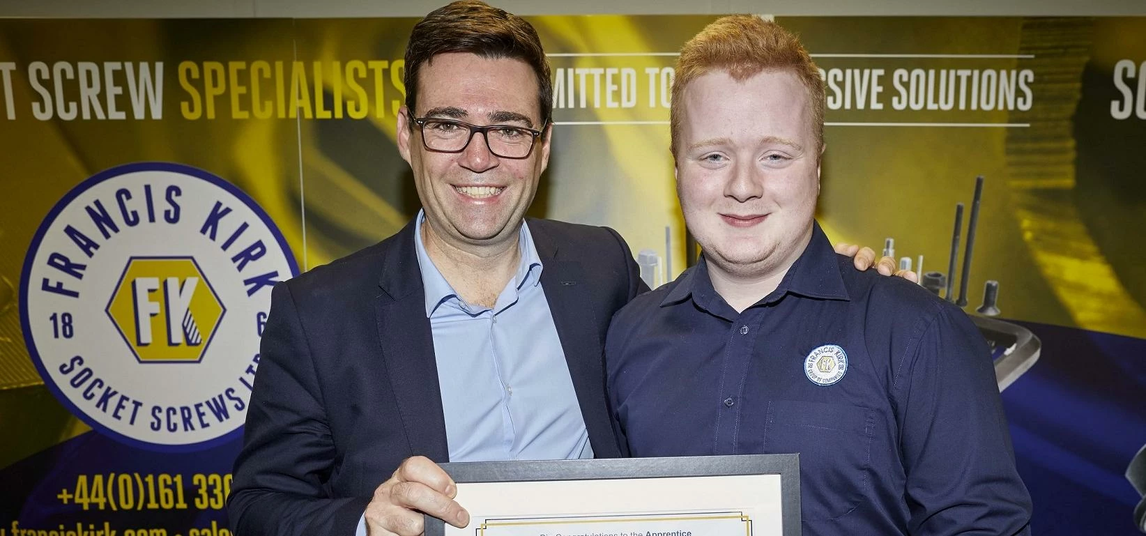 Andy Burnham MP, left, with apprentice Callum Cahill