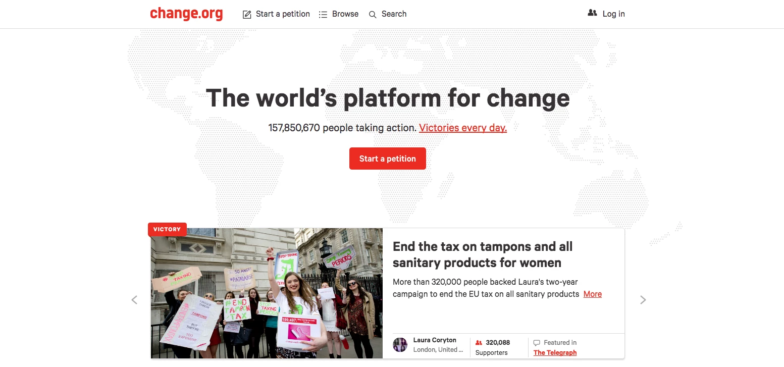 Change.org's website, which hosts social justice campaigns from across the world.