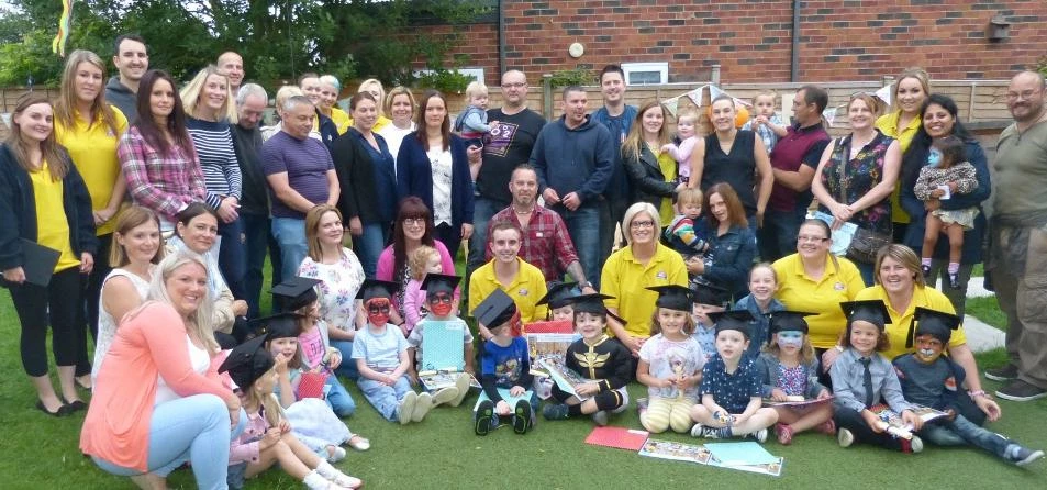 Having a ball: school leavers and their families celebrate at Happy Jays nursery in Harrogate.   