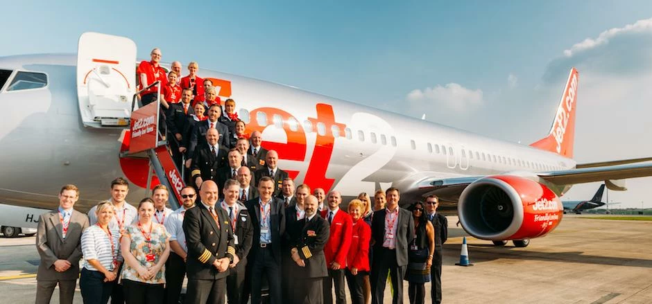 The Jet2.com staff welcoming home the new Boeing 737-800 to Leeds Bradford Airport. 