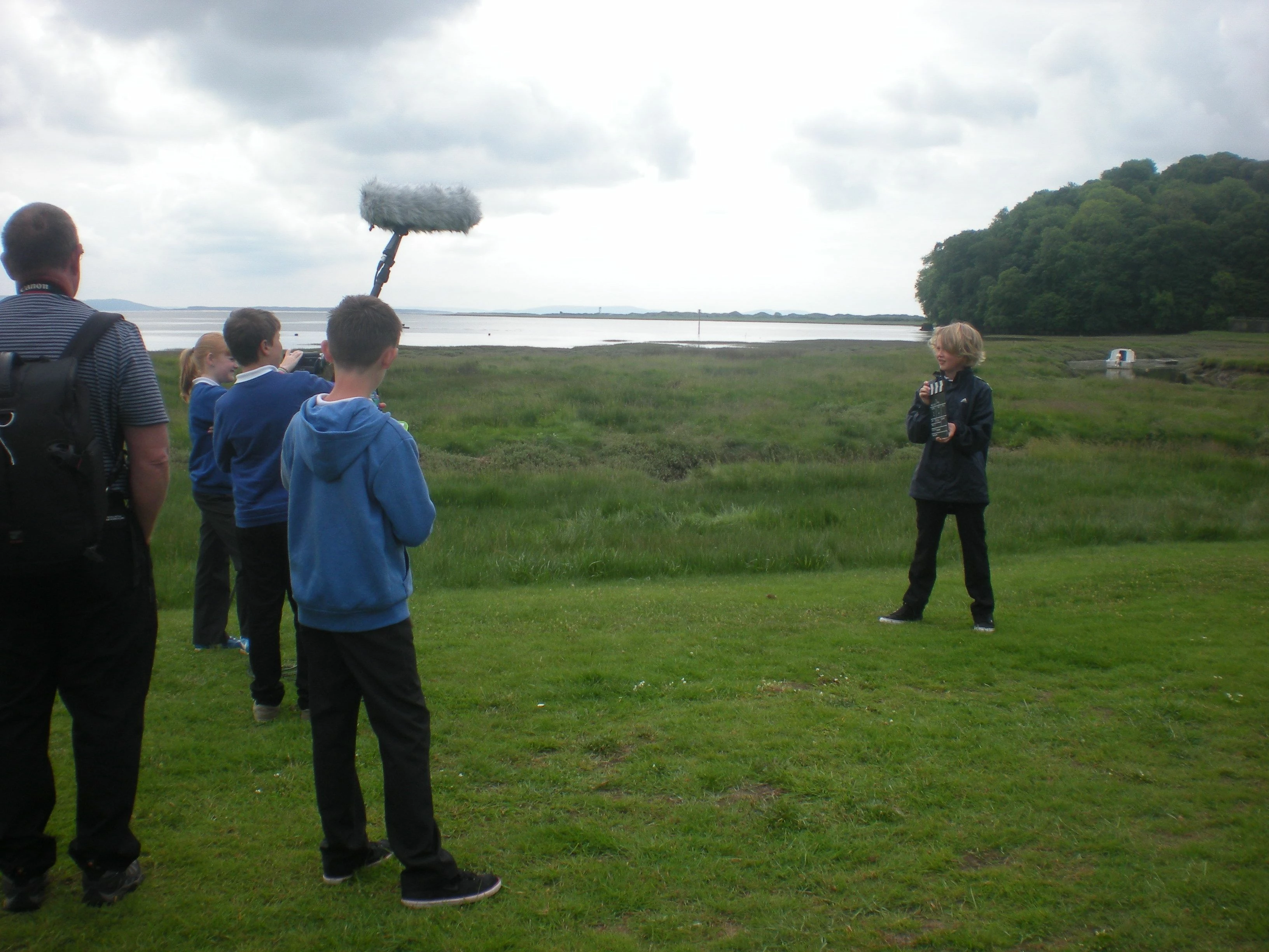 School children filming on location in Laugharne