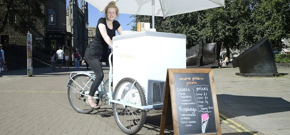 27-year-old Emma Riddell, who sells gelato from a bike at the Tram Stop Market in Leith, Edinburgh.