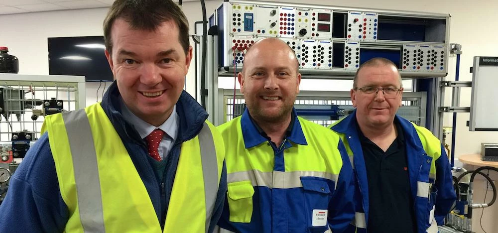 Guy Opperman MP with (l-r) electrical engineer Darren Bannister and mechanical engineer Steve Walker
