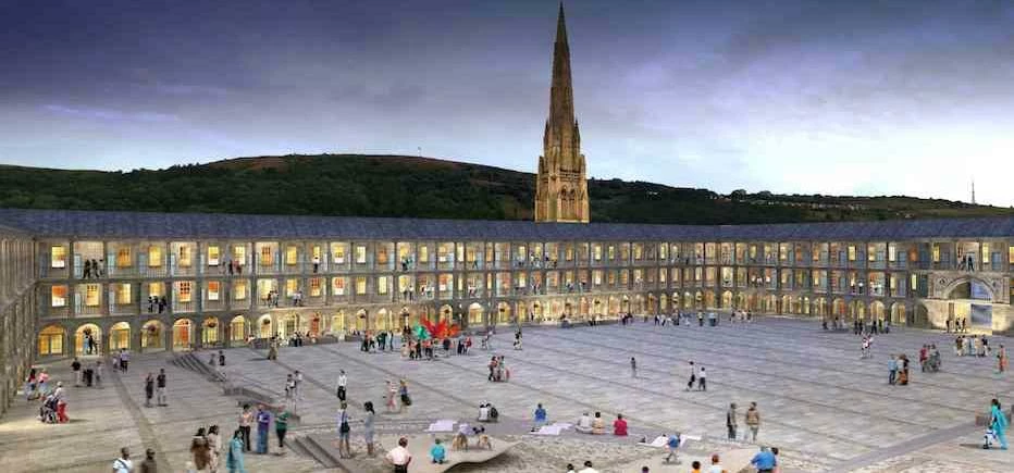 The Piece Hall courtyard and Square Church spire.