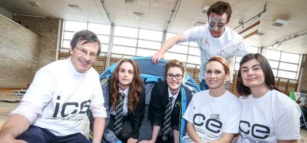 (l-r) Professor David Balmforth with pupils Sophie Bate and Caitlyn Towers, Tim Cutter (zombie), Jen