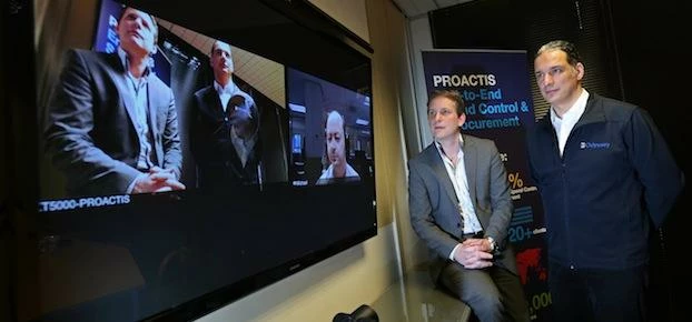 Nick Lowther (left) and Mike Odysseas (right) take part in a video conference at Proactis