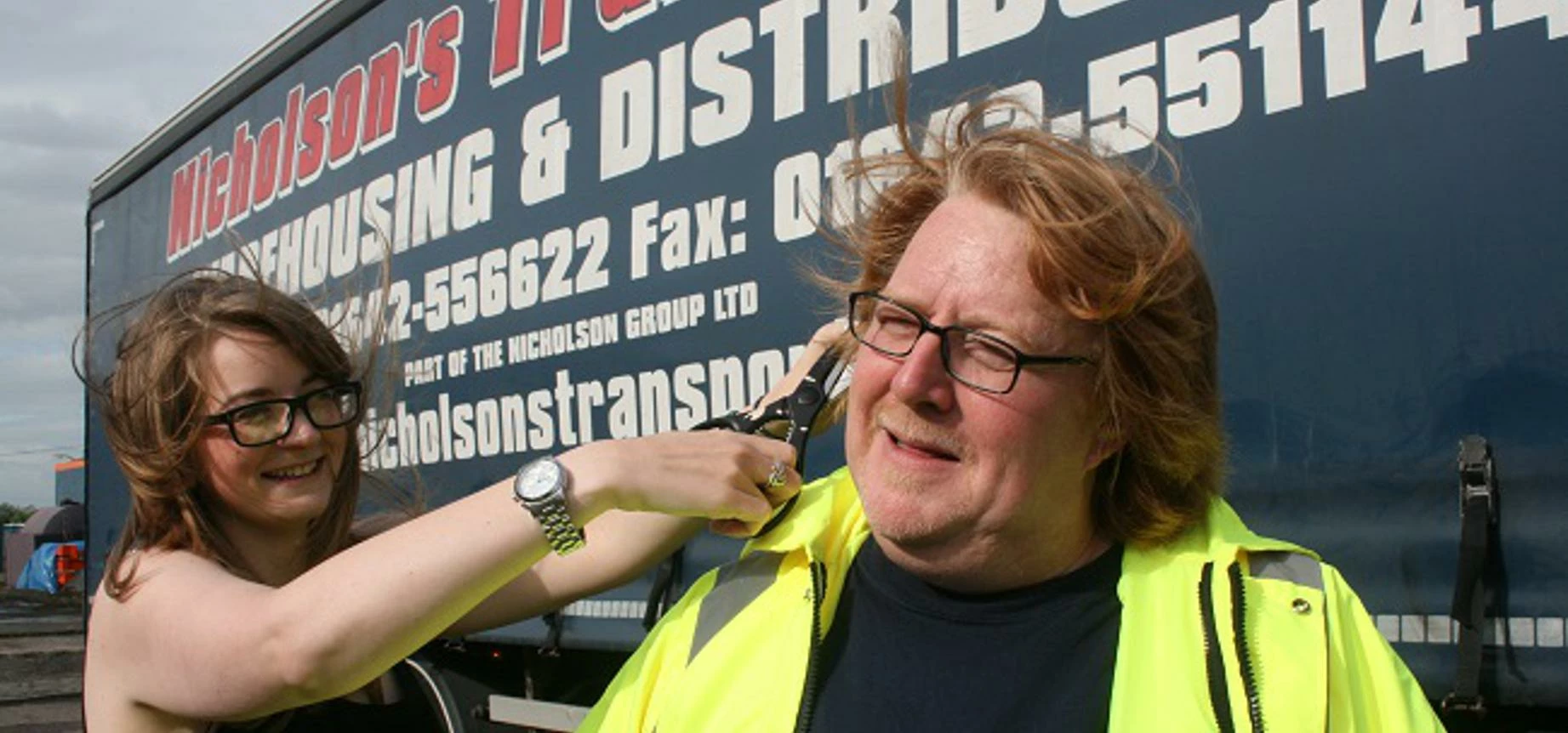 Nicholson’s Transport driver Paul Madden who is to lose his flowing locks to raise funds for Butterw
