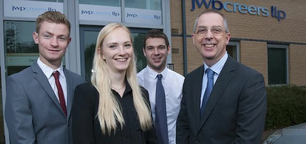Matt Royle, Leah Langford and Jay Curry  with  JWPCreers LLP managing partner, Nigel Clemit.