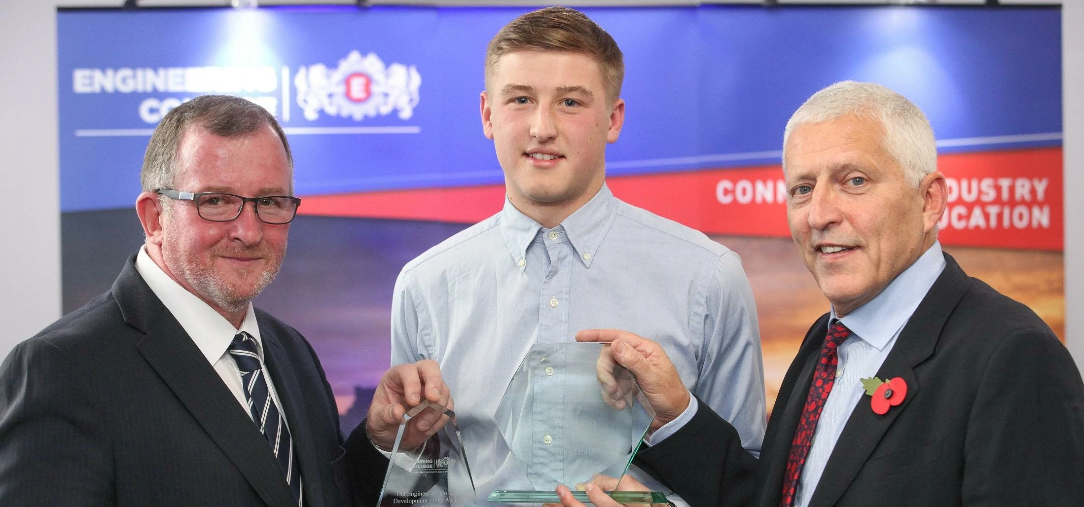 L-R Engineering College CEO Terry Weston, 2016 Apprentice of the Year Adam Hurst and Tranmere Rovers