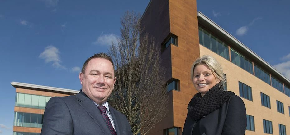 Paul Dodsworth of Wates and Elizabeth Ridler of Knight Frank outside Darwin House at Leeds Valley Pa