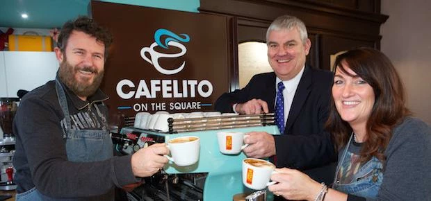 left to right: Paul Checkett (Owner of Cafelito), Nick Berzins (RBS) and Caroline Checkett (Owner of
