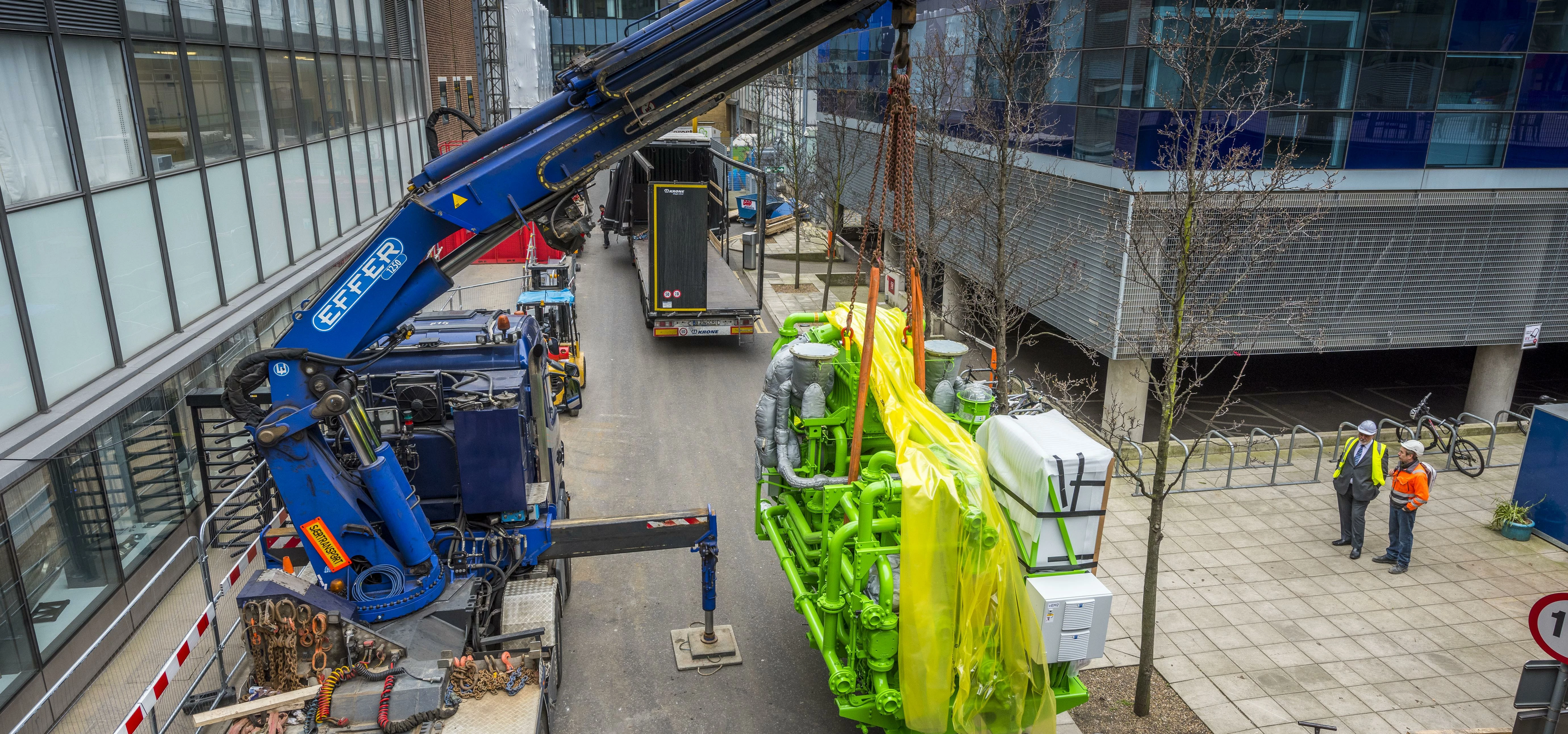 One of the two 44 tonnes Combined Heat and Power Engines being unloaded at Imperial College London