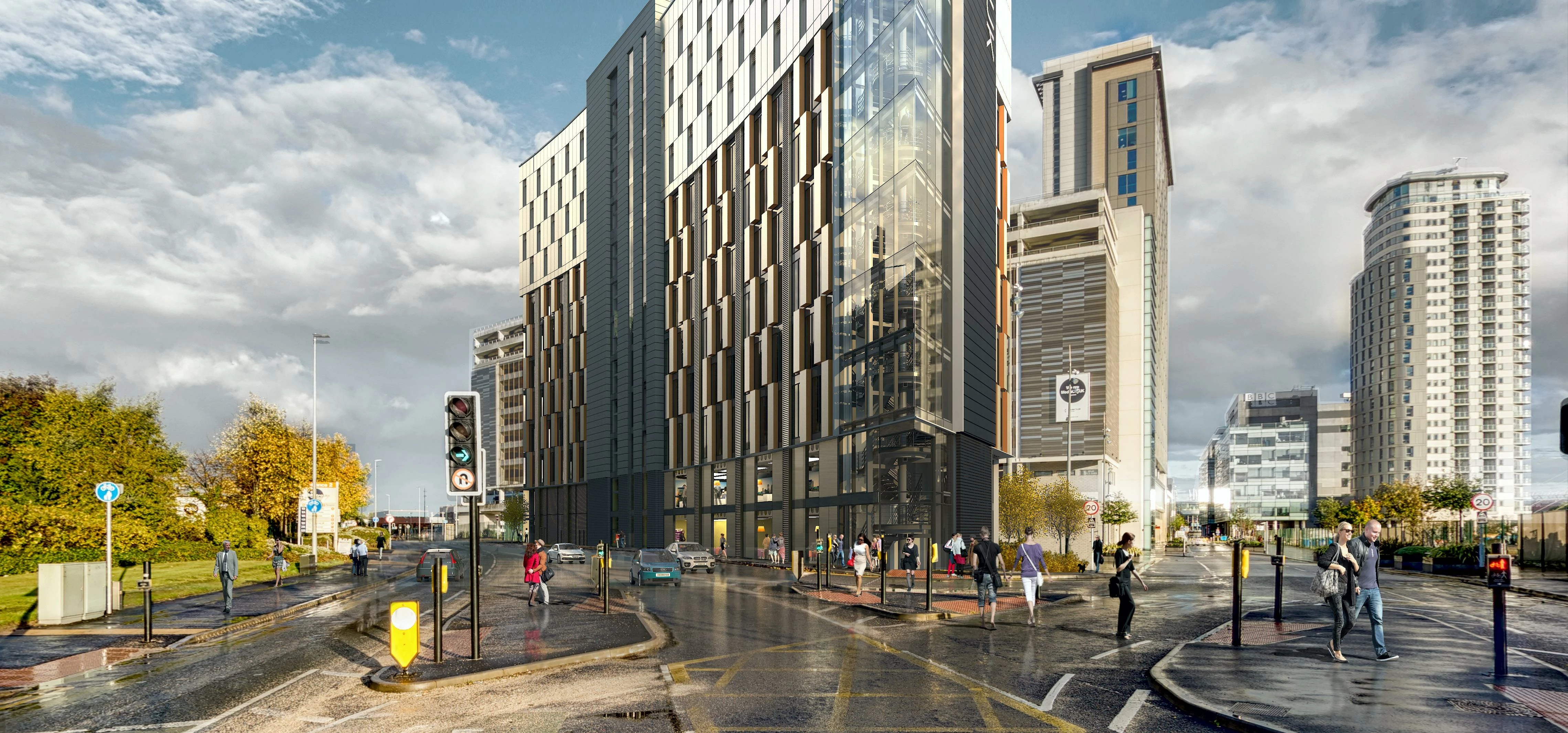 A CG image of the upcoming Premier Inn, being built as part of the Tomorrow development at MediaCity