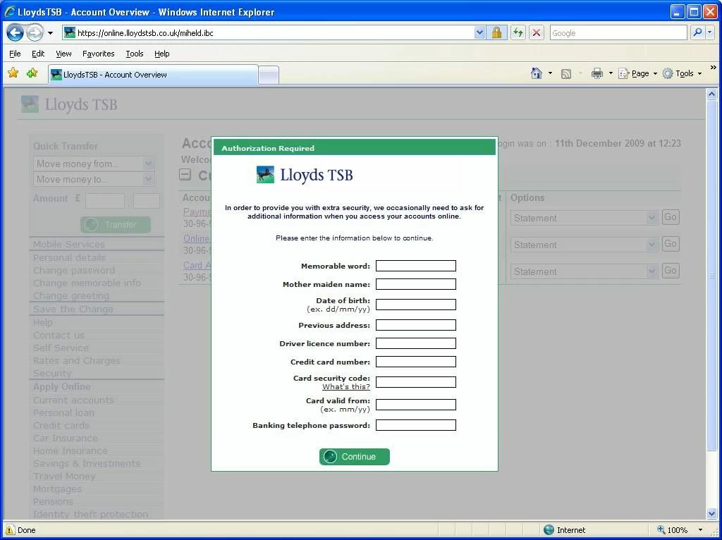 An illegitimate pop up on the Lloyds TSB website. Photograph by David Carrington