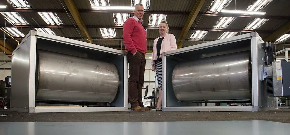 Sarah Thorpe of investor UK Steel Enterprise with Kevin Murray-Myers of BMM Heaters at the company’s