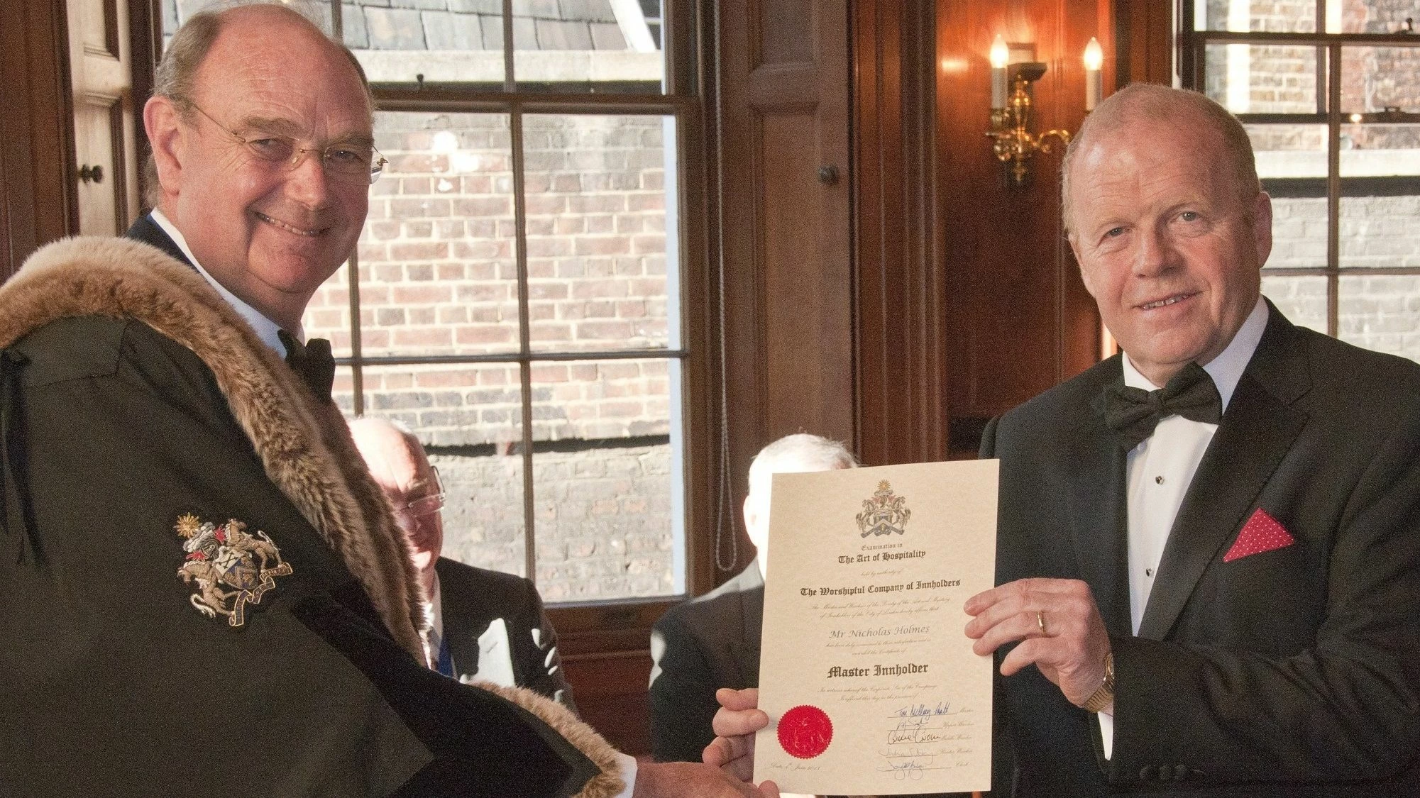 Nick Holmes is received into the Master Innholders by the Master of the Worshipful Company of Innhol