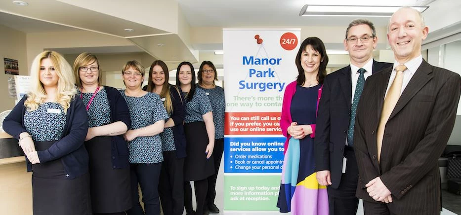 Left: Manor Park Surgery team. Right: Rachel Reeves: MP for Leeds West, Simon Jackson: Partner at Sh