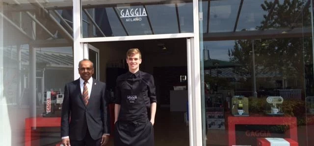 Photo caption: Raj Beadle, Gaggia store owner at Royal Quays and James Campbell, Barista trainee and