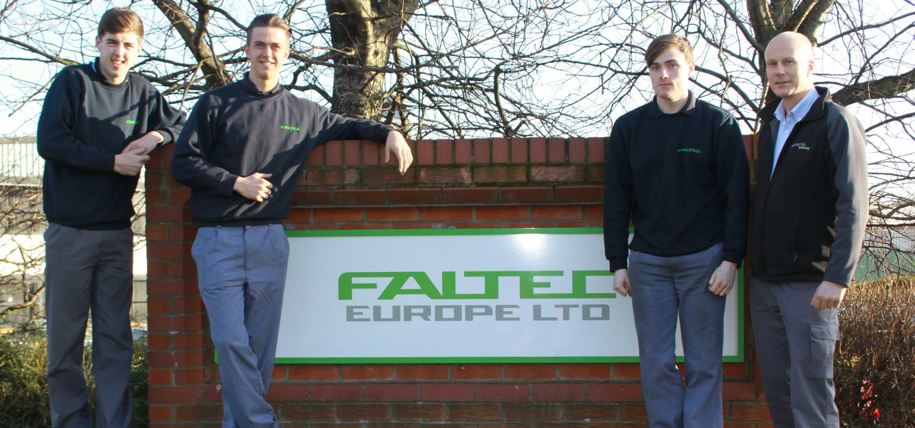 Faltec apprentices Mark Harvey, Daniel Whybrow and Connor Fraser with TNT Training Officer John Hopp