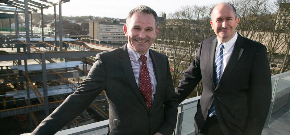 Allan Cook (left) and Neil McMillan (right), overlooking Milburngate from Freeman’s Reach on Durham’