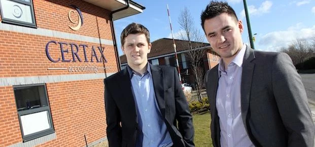 Certax Durham partners Matthew McConnell and Jonathan Tait outside their offices at the HUB Workspac