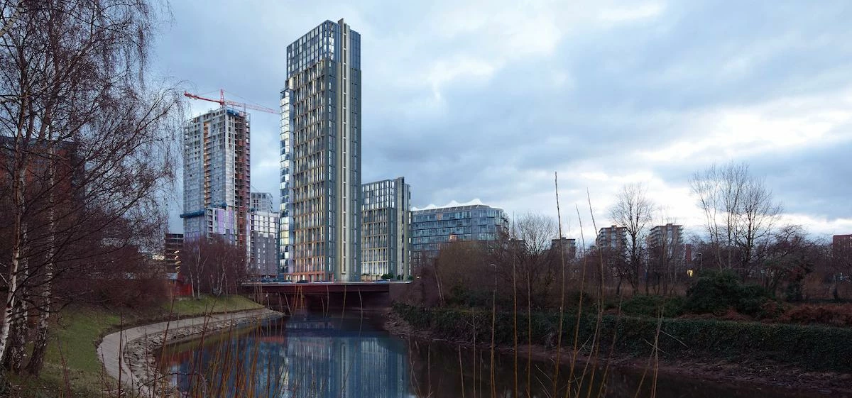 A CGI of the scheme, as seen from the banks of the River Irwell