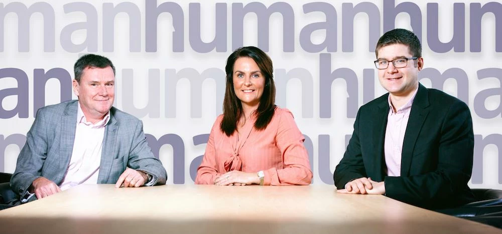 L-R: James Robson MBE and Andrea Conway of The Human Group with Dr Michael Dickens of Rivers Capital