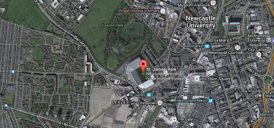 St. James' Park, home to Newcastle United, is situated in the centre of the city, surrounded by regi