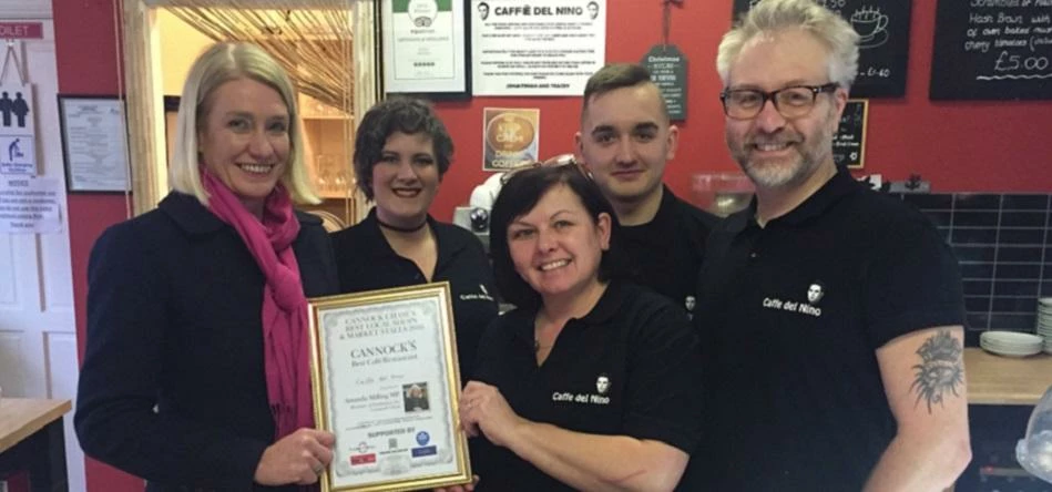 The Caffe Del Nino team received their Cannock Café and Restaurant 2016 award from Amanda Milling MP