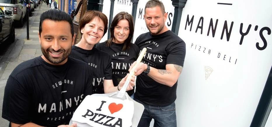 l-r: Alok Loomba and Sarah Smith, Sintons; Katie Lewis, manager, and Olly Henderson, owner, Mannys N