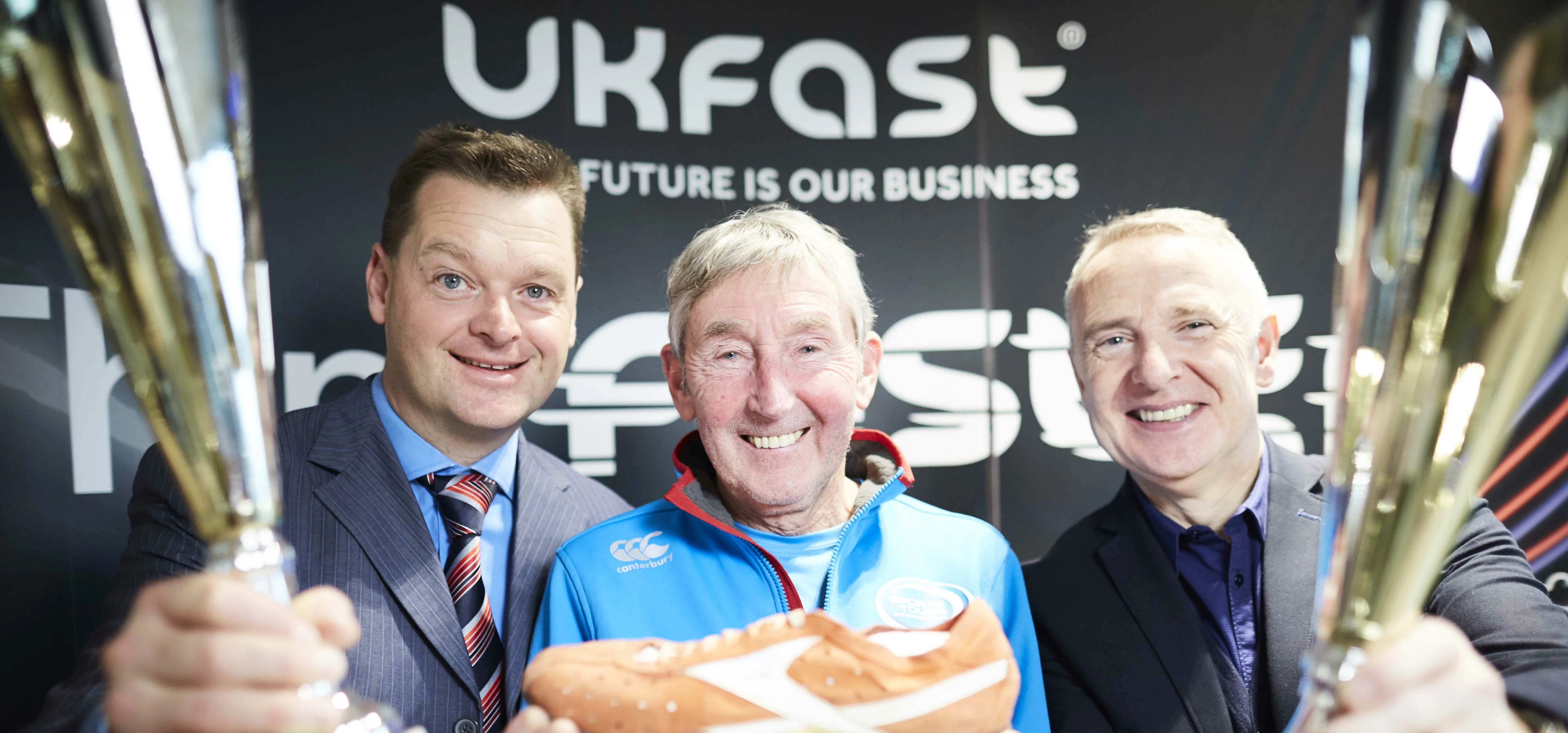(l-r) Lawrence Jones (CEO UKFast), Dr Ron Hill MBE and Chris Bird (CEO Sports Tours International). 