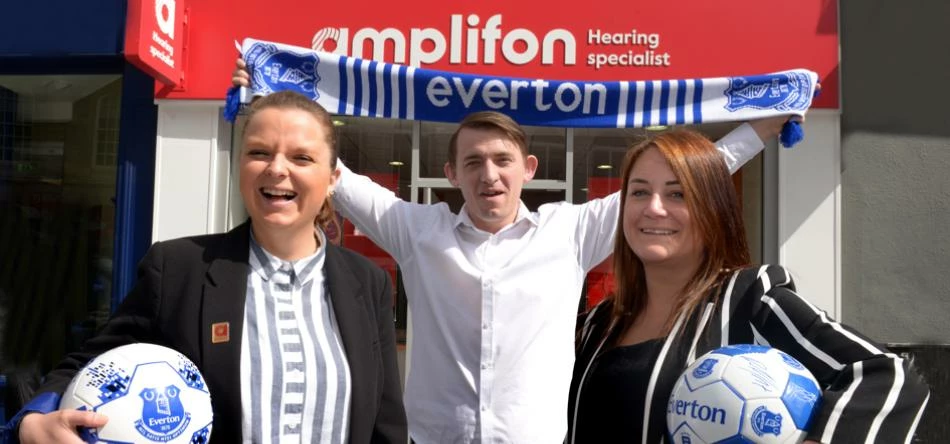 (l-r) Branch Manager Katie Ogden, Lee Windever player for Everton Deaf Team, and Nicky Fletcher Bran