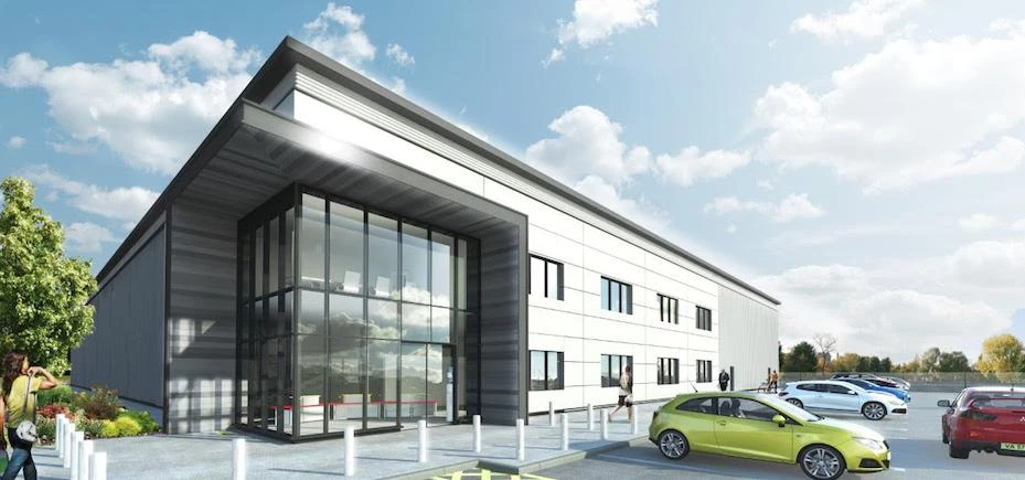 A CGI image of the proposed 39,375 sq. ft. warehouse/factory with offices, yard and parking provisio