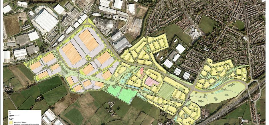 A map outlining the route of the proposed link road and the associated developments. 